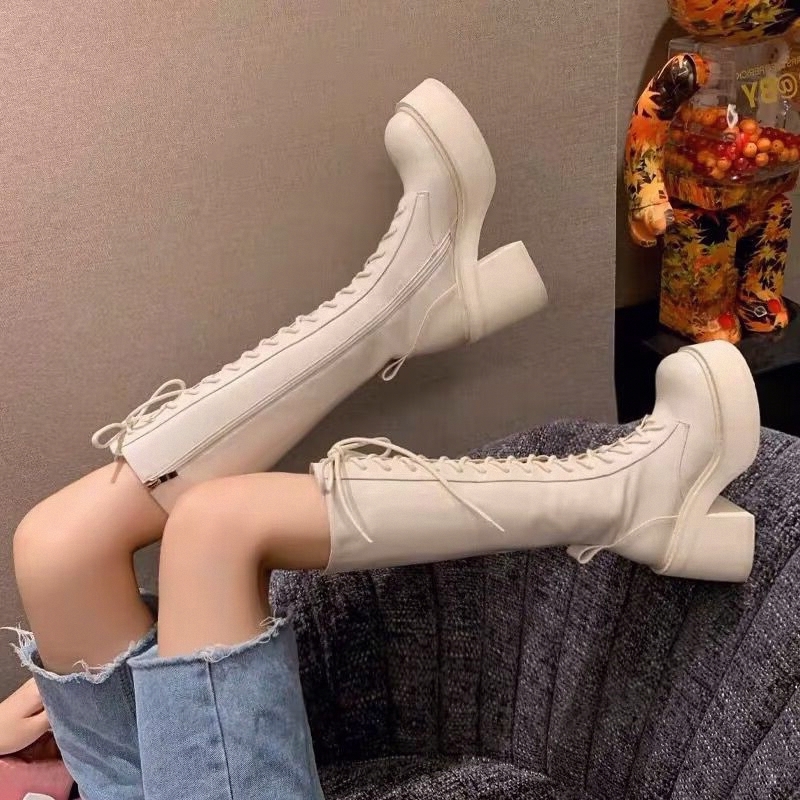 Pipe Bending Spring - White Boots Thick Bottom High Top